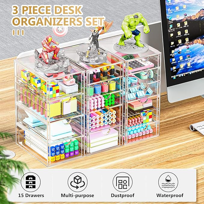Acrylic 3 Pack Desk Organizers and Accessories, Makeup Organizer Storage With 15 Drawers, Desk Organizers, Dustproof Drawer Organizer and Storage for Make Up, Jewelry, DIY Pen-NeatNest
