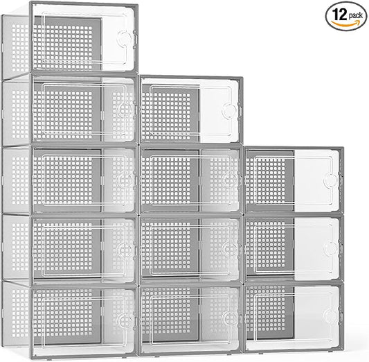 Kuject X-Large Shoe Storage Boxes Organizers Clear Plastic Stackable 12 Pack, Shoe Rack & Holder Substitute, Sneaker Containers, Toy Storage Organizer Bins for Entryway, Closet, Under Bed, Blue-NeatNest