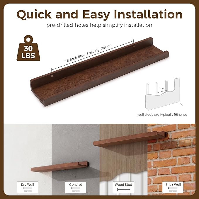 Floating Shelves for Wall | Picture Ledge Shelf Set of 2 | 24 Inch Solid Ash Wood Floating Shelves with Lip | Dark Wood Picture Shelf for Wall with Ledge | Photo Ledge Shelves-NeatNest