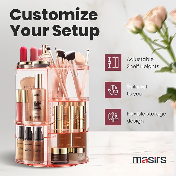 360 Rotating Makeup Organizer - Adjustable Shelf Height and Fully Rotatable - The Perfect Round Spinning Cosmetic Organizer for Bedroom Dresser or Vanity Countertop Storage (Pink)-NeatNest