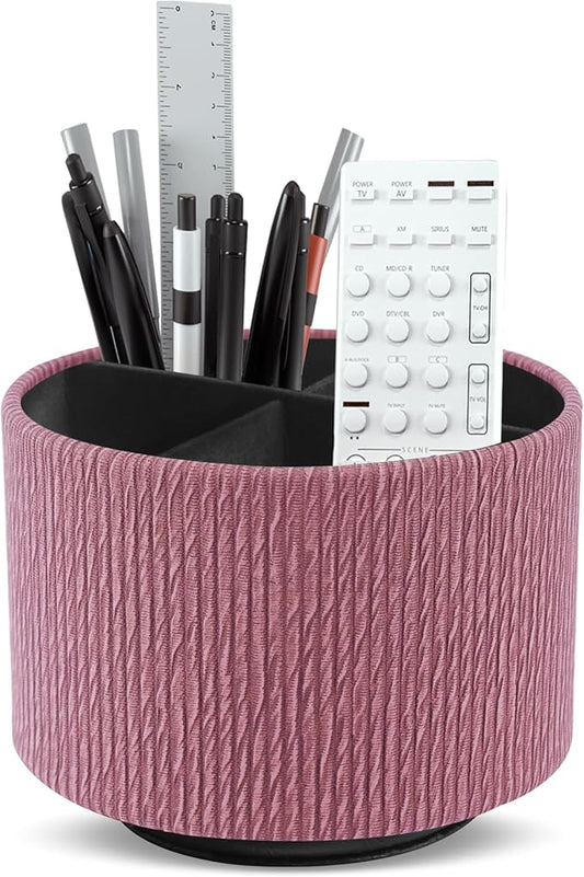 Hennaja Round Leather Art Supply Organizer,Remote Control Holder,360 Degree Spinning,Multi-Functional Pencil Holder,4 Compartments Desktop Stationary Organizer(1-Wood Pink)-NeatNest