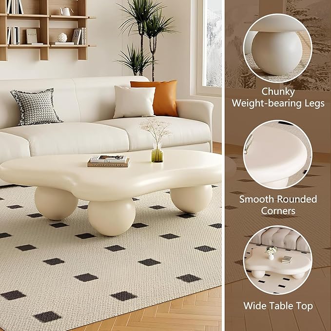 Cloud-Shape Cute Cream White Irregular Coffee Table with 3 Short Legs Modern Live Round Edge Coffee Table for Living Room Bedroom Easy Assembly,Cloud b White 47.2"-NeatNest
