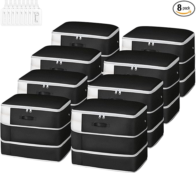 Comforter Storage Bag - Large Capacity Blanket Storage Bags 3-Layer Ultra Space Saving Self Compression Organizer, Washable Compression Bags for Storage Comforter Blanket, 8-Pack, Black-NeatNest