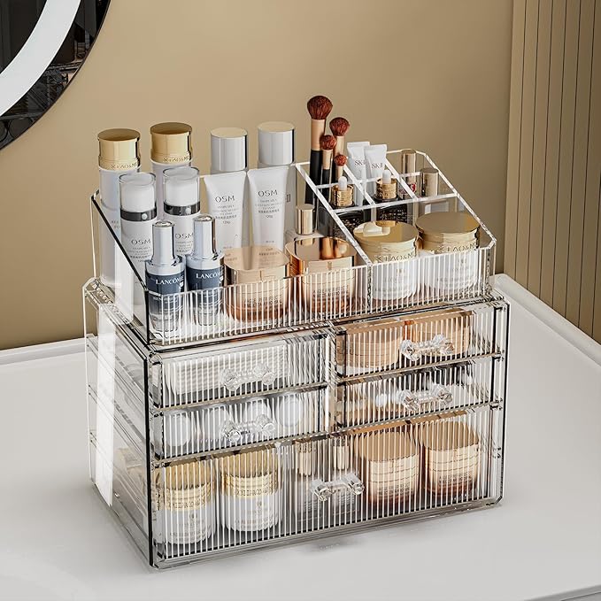 ZHIAI Stackable Organizer, Acrylic Cosmetic Organizer for Dresser, Vanity, Kitchen Cabinet, Bathroom, Under Sink, Home Organization and Storage (1 Top 5 Drawers)-NeatNest