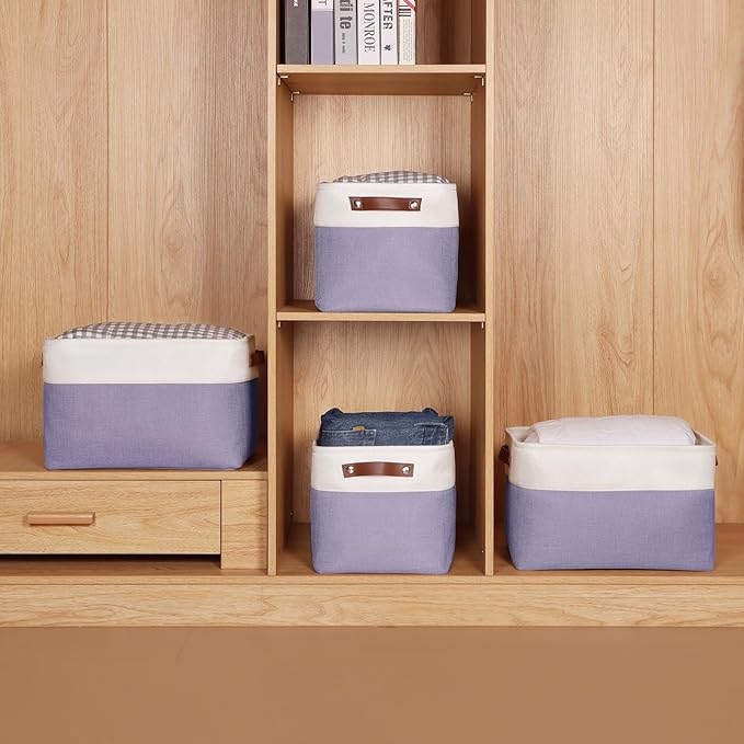 Univivi Large Fabric Storage Baskets Hard Bottom Organizer Bins for Shelves Organizing Foldable Storage Bins with PU Handles for Closet (Purple-4-Pack)-NeatNest