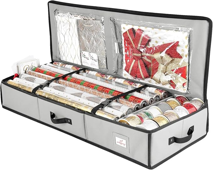 Hearth & Harbor Wrapping Paper Storage Container - Christmas Storage Bag with Interior Pockets - Gift Wrap Organizer Fits Up to 22 Rolls of 40" - Tear Proof, Silver-NeatNest