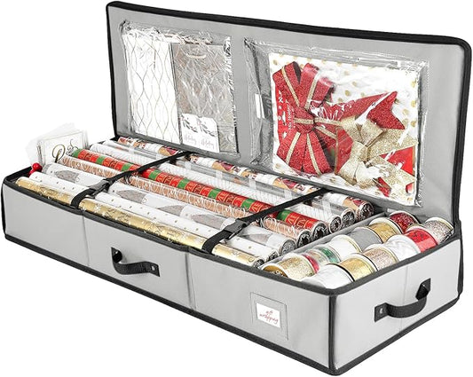 Hearth & Harbor Wrapping Paper Storage Container - Christmas Storage Bag with Interior Pockets - Gift Wrap Organizer Fits Up to 22 Rolls of 40" - Tear Proof, Silver-NeatNest