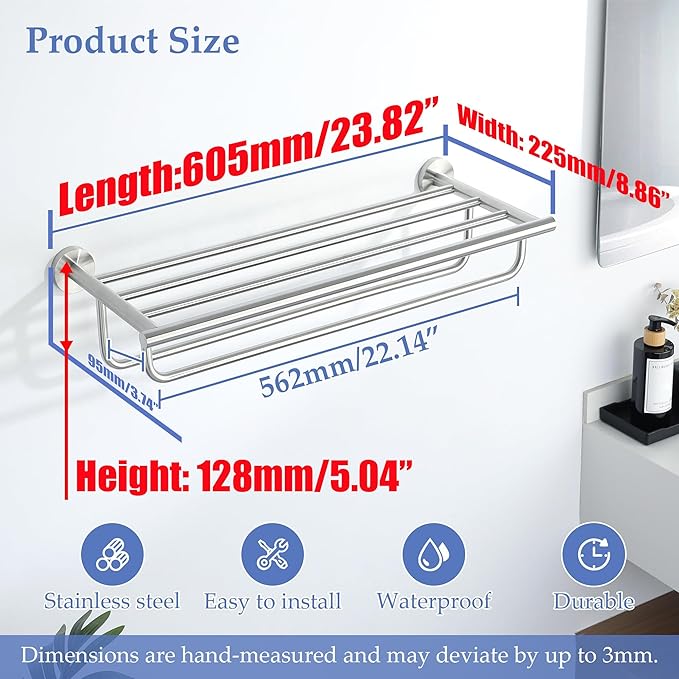 Alise 24 inch Towel Shelf with Double Towel Bars,Towel Rack for Bathroom,SUS 304 Stainless Steel Wall Mount Towel Holder Storage,Brushed Nickel,GYT7060-LS