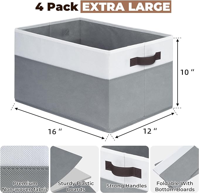 Criusia Extra Large Storage Bins 4 Pack - 16x12in Closet Organizers and Storage Baskets for Organizing Clothes Toy Blanket - Fabric Storage Cubes Containers for Shelves - All Room Organization-NeatNest