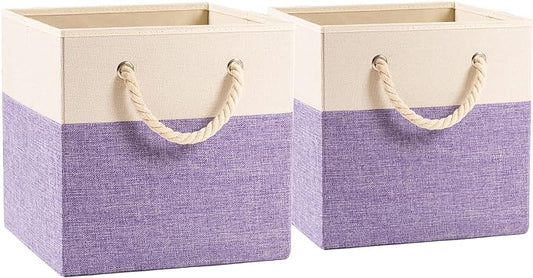 PRANDOM Large Foldable Cube Storage Bins 13x13 inch [2-Pack] Fabric Linen Storage Baskets Cubes Drawer with Cotton Handles Organizer for Shelves Nursery Closet Bedroom Purple-NeatNest