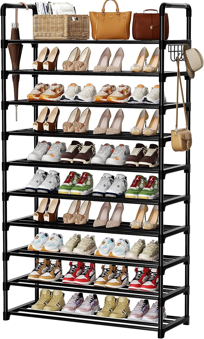 Shoe Rack, 10 Tier Shoe Storage Organizer with Hooks,Fit 40-45 Pairs Shoes,Metal Tall Shoe Shelf for Closet,Entryway, Hallway,Garage,Bedroom,Cloakroom-NeatNest