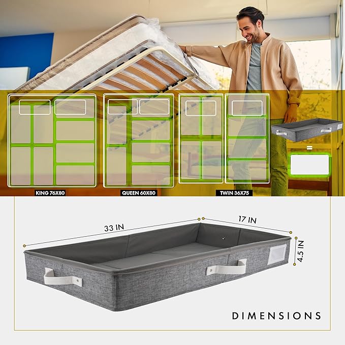 HOMELUX THEORY 2pc Low Profile Under Bed Storage Containers, Thin Under Couch Storage Organizer with Bins & Lids, Underbed Storage Box Ideal for Seasonal Clothes, Blankets, Fabric & Shoes (LightGray)-NeatNest