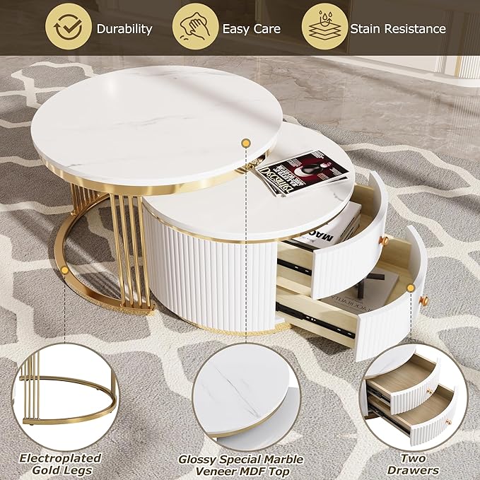 Modern 2 Pieces Round Nesting Coffee Table with Drawers Multiple End Tables Utility Table Telephone Table for Living Room Office Bedroom Balcony, Gold & White