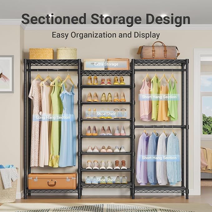 VIPEK S3 Heavy Duty Garment Rack Freestanding Clothes Rack Closet Storage Organizer Large Wardrobe with 6-Tier Shoe Rack, Hanging Rod, Adjustable Shelf, 68.9" L x 15.7" W x 76.4" H, Black-NeatNest