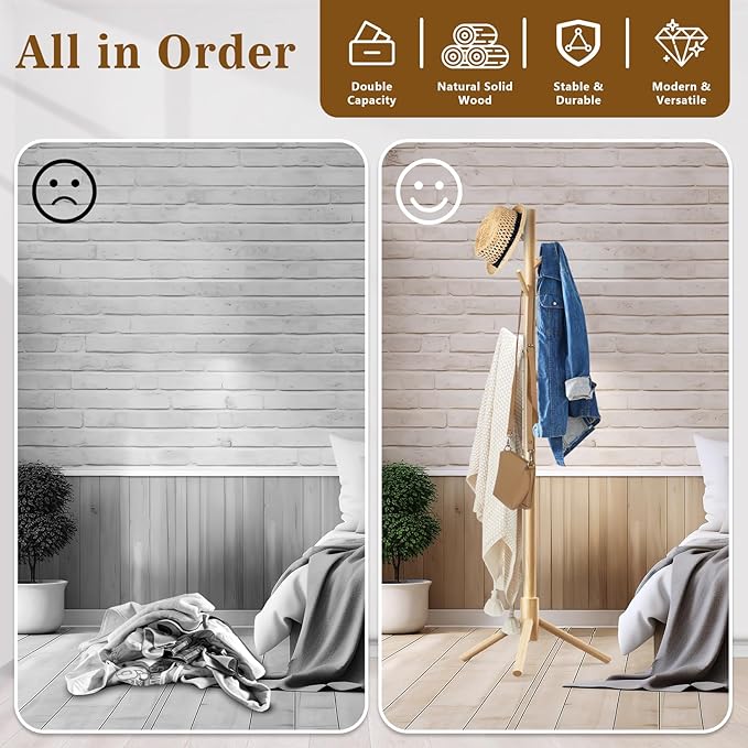 2 Pack Coat Rack, Solid Wood Coat Rack Freestanding with 8 Hooks & 3 Adjustable Heights, Simple Assembly Coat Tree for Hats, Bags, Wooden Coat Hanger Stand for Bedroom, Entryway, Office-NeatNest