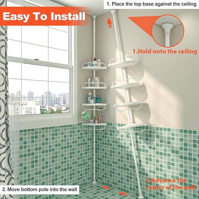 Corner Shower Caddy with Tension Pole, Rustproof ABS Shower Shelves with 56-125 Inch Steel Poles, Drill Free Shower Organizer, 4 Layer Adjustable Shelves, White