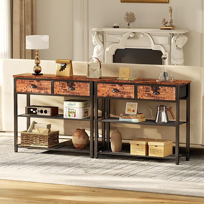 Furologee Console Sofa Table with Storage Shelf for Entry Way, Small 30'' Entryway Table with 2 Fabric Drawers, Industrial Display Shelves for Hallway, Entrance, Foyer, Rustic Brown-NeatNest