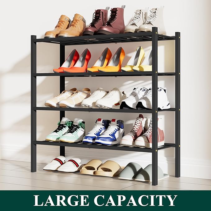 Smiry Shoe Rack, 4 Tier Bamboo Shoe Organizer, Stackable Free Standing Wooden Shoe Storage Shelf for Closet, Entryway, Front Door Entrance, Black-NeatNest