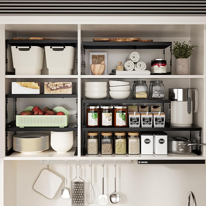 Adjustable Stackable Metal Storage Shelf Organizer - Expandable Wire Rack with Perforations for Kitchen, Pantry, Bathroom, Cabinet & Office-Compact, Durable & Sturdy(1PACK/Large/Black)
