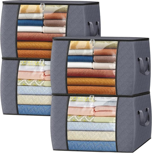 Fab totes 90L Clothes Storage, Foldable Thick Fabric Blanket Storage Bags, Containers for Organizing Bedroom, Closet, Clothing, Comforter, Organization with Handle (4 Pack,Grey)-NeatNest