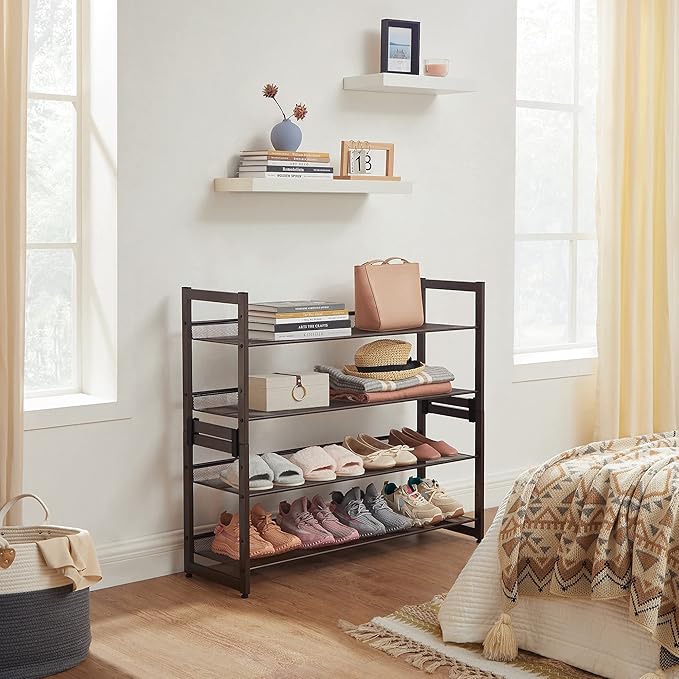 SONGMICS Shoe Rack, 2-Tier Shoe Organizer, Metal Shoe Storage for Garage, Stackable Shoe Shelf, with Adjustable Flat or Angled Shelves, 8-10 Pairs, Bronze ULMR02A-NeatNest