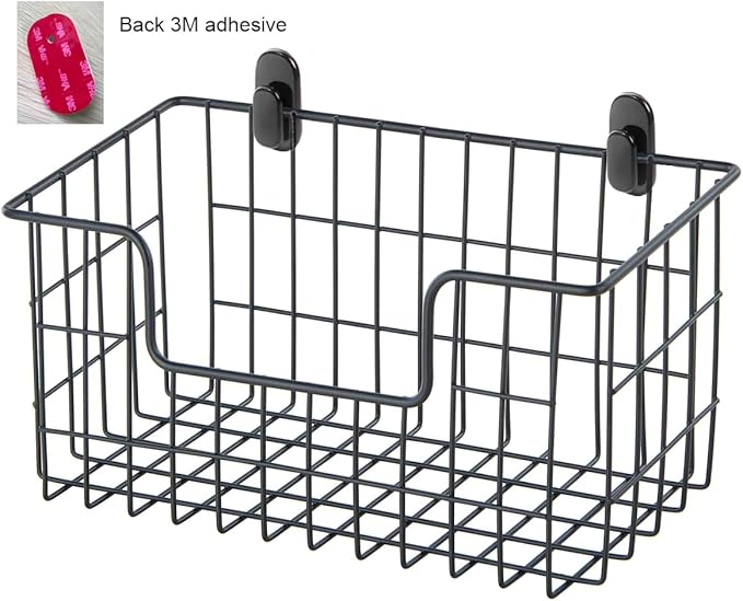 Wire Storage Basket 2 Packs, Wall Mounted Kitchen Bathroom, Hanging Cabinet Door Storage Basket, no Drilling, Supporting 2 Types of Hooks, Strong Bearing, Suitable for Home, Black