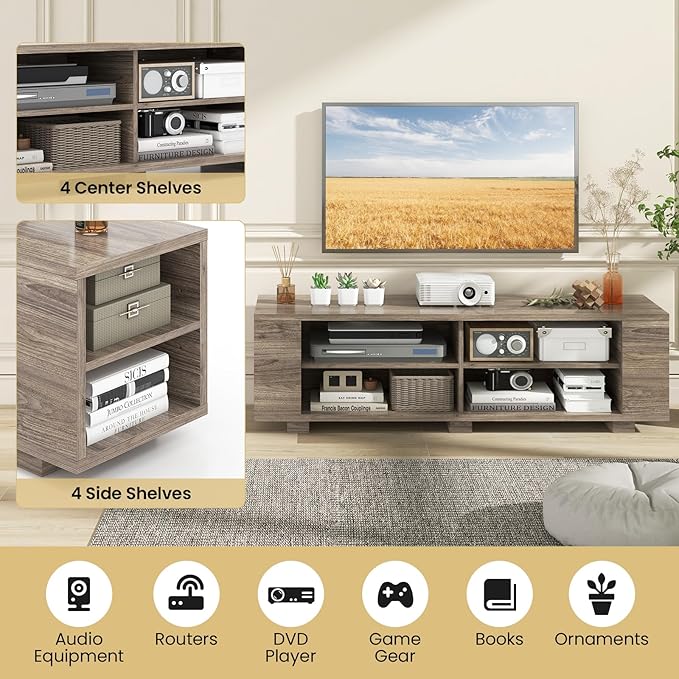 Giantex Modern TV Stand for TVs up to 65 Inch, Wood Entertainment Center w/ 8 Open Storage & Adjustable Shelves, Television Stands w/Cable Holes, TV Console Table for Living Room Bedroom (Black Oak)-NeatNest