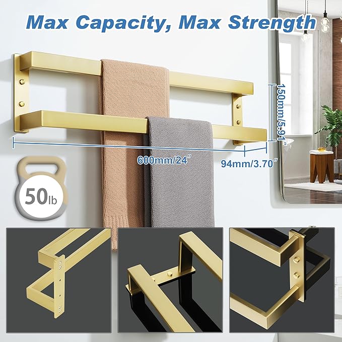 Alise Double Towel Bar 24", SUS304 Stainless Steel Towel Racks for Bathroom Wall Mounted, Heavy Duty Bathroom Towel Holder, Space Saving Towel Hanger, Brushed Gold