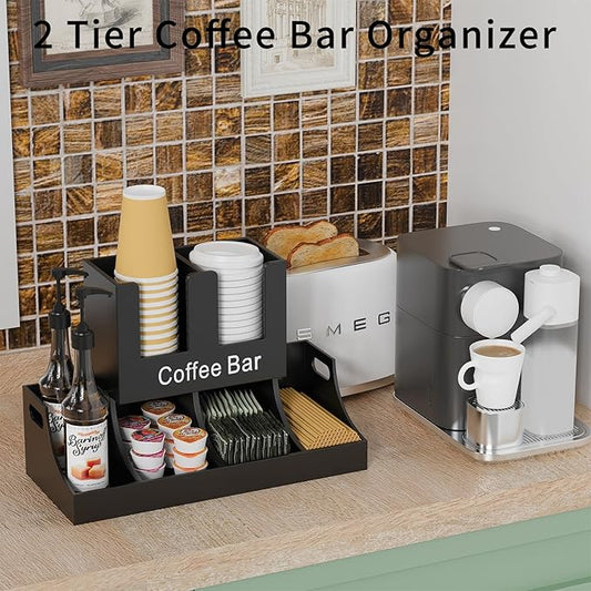 Coffee Station Organizer, Wooden Coffee Bar Organizer for Countertop, Condiment and Cup Storage Organizer, Bar Accessories for Kitchen, Office, Home, Black-NeatNest