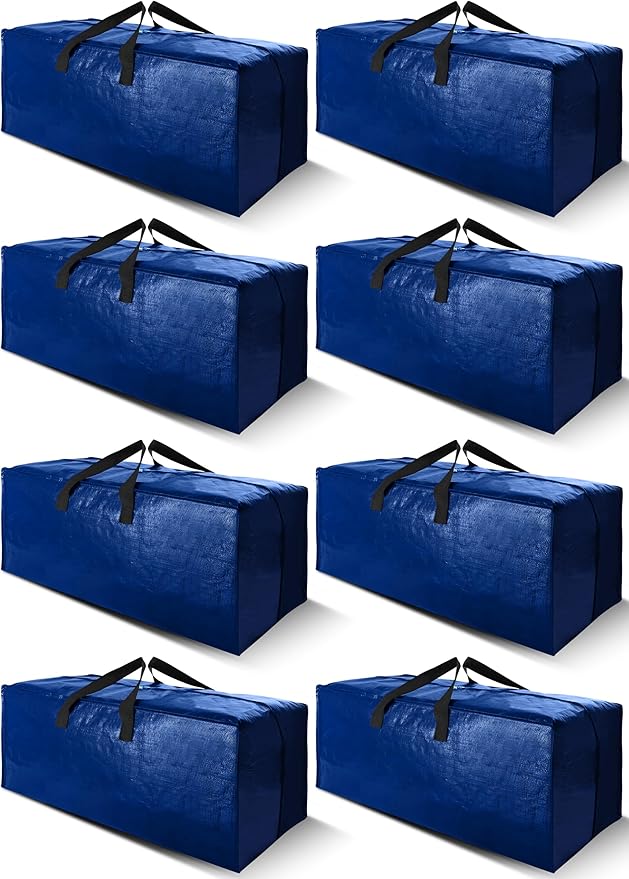 Cosy Family 8 Pack Heavy Duty Extra Large Moving Bags with Backpack Straps - Strong Handles & Zippers, Storage Totes For Space Saving, Fold Flat, Alternative to Moving Box (40 gal, Blue)-NeatNest