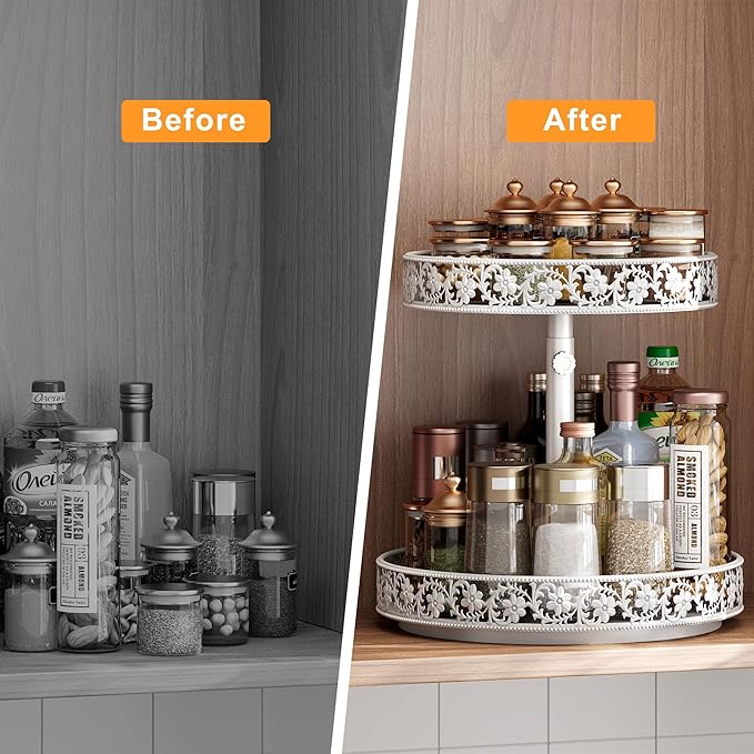 2 Tier Lazy Susan Organizer Turntable Adjustable,12 Inch Two Tier Lazy Susan Metal Easy Assembly Cleaning, Rotating Spice Rack Organizer for Cabinet Dining Table Kitchen Countertop White-NeatNest