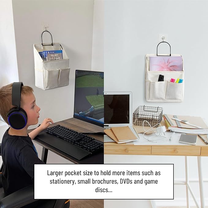 2pcs Wall Hanging Storage Bag, Small Door Closet Linen Fabric Pockets Organizer, Waterproof Multi Functional for Living Room Bedroom Bathroom Kitchen RV Camper with Hooks All White-NeatNest