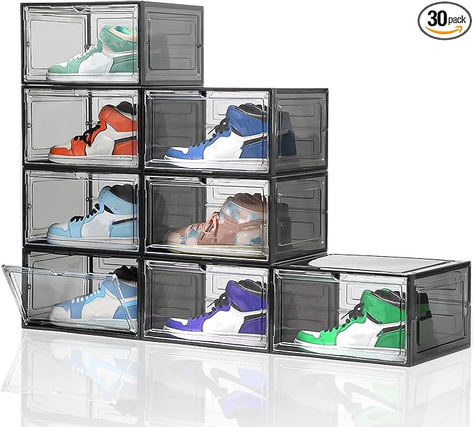 Attelite Shoe Box, Upgraded Large Clear Shoe Storage Box Stackable, 8 Pack Thicken Plastic Shoe Containers, Drop Front Large Magnetic Door,Shoe Storage Organizer for Display Sneakers