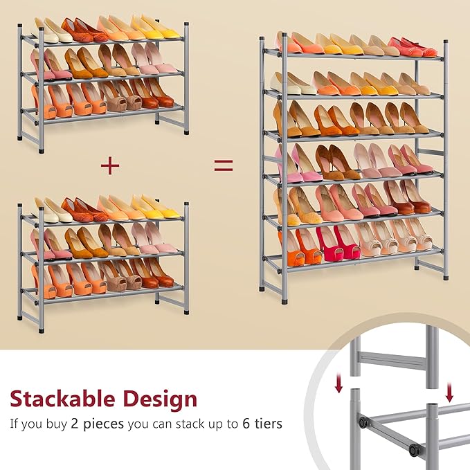 Tajsoon Expandable Shoe Rack for Closet 3 Tier, 28“-41“Adjustable & Stackable Shoe Shelf Storage, Metal Shoe Rack Organizer for Front Door Entrance, Closet, Garage, Entryway, Grey-NeatNest
