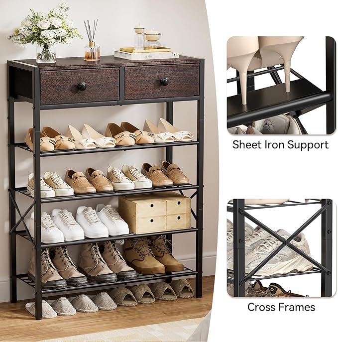 Shoe Rack for Entryway, 5 Tier Shoe Organizer with 2 Non-Woven Drawers, Metal Storage Shoe Shelf for 16-20 Pairs of Shoes, with Wooden Top and Steel Frame, Shoe Stand for Closet Dark Brown-NeatNest