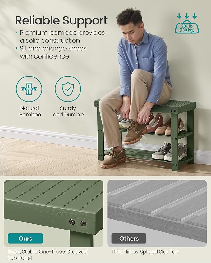 SONGMICS Shoe Rack Bench, 3-Tier Bamboo Shoe Storage Organizer, Entryway Bench, Holds Up to 286 lb, 11.3 x 27.6 x 17.8 Inches, for Entryway Bathroom Bedroom, Forest Green ULBS004C01-NeatNest
