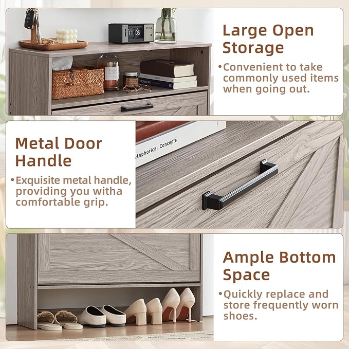 Shoe Storage Cabinet with 2 Flip Drawers,Farmhouse Narrow Shoe Organizer with Legs,Freestanding Hidden Slim Shoe Rack Cabinet with Open Storage for Entryway,Hallway, Foyer, Grey-NeatNest