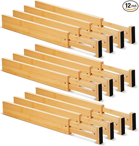 Sawysine 12 Pcs Bamboo Drawer Dividers Adjustable Drawer Organizers Spring Separators Organization Expandable Organizers for Kitchen Bedroom Bathroom Dresser Office (Natural Color,22 x 2.4 Inche)