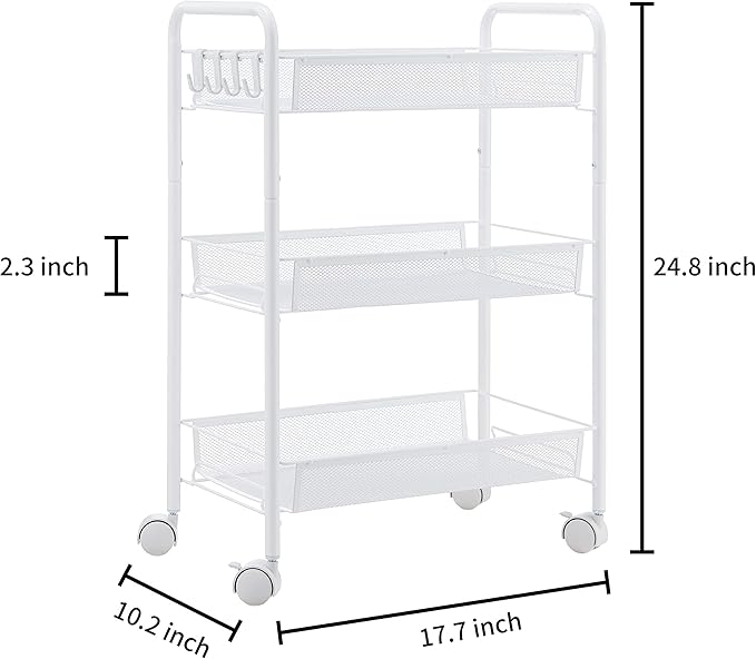 JANE EYRE 3-Tier Rolling Utility Storage Rack Cart on Wheels, Trolley Craft cart, Multi-Purpose Organizer Shelf, White-NeatNest