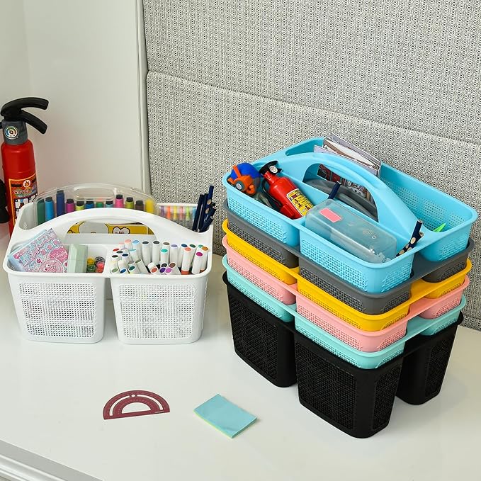 Plastic Pink Shower Caddy Basket, Divided Cleaning Portable Shower Basket with Handle Compartments Storage Organizer for Bathroom, College, Kitchen, Dorm Room Essentials