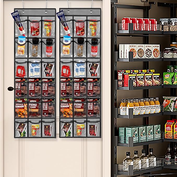 2 Pack Over the Door Pantry Organizer Hanging Seasoning Packet Storage Wall Mount Spice Holder for Kitchen Snack Food Tea Bag (Grey)-NeatNest
