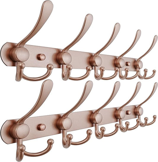 Dseap Coat Rack Wall Mounted - 5 Tri Hooks, Heavy Duty, Stainless Steel, Metal Coat Hook Rail for Coat Hat Towel Purse Robes Mudroom Bathroom Entryway (Rose Gold, Pack of 2)-NeatNest