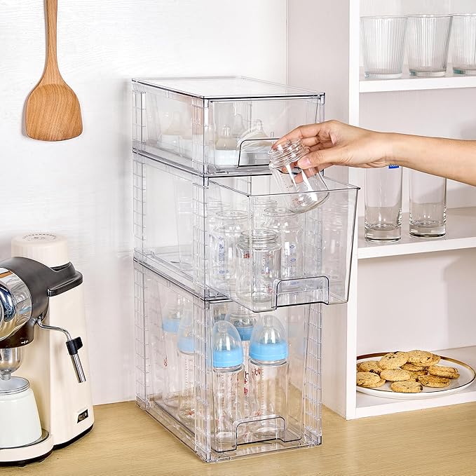 Vtopmart 3 Pack Clear Stackable Storage Drawers,Easy to Assemble Bathroom Organizers and Storage with handles,Plastic Drawers for Kitchen Pantry,Cabinet,Under Sink Organization-NeatNest