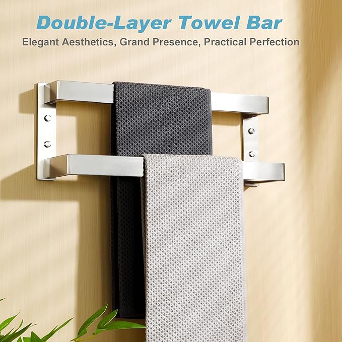 Alise Double-Layer Towel Bar, Brushed Nickel Towel Racks for Bathroom Wall Mounted, Stainless Steel Bathroom Towel Holder, Modern Space Saving Towel Rod, 16"