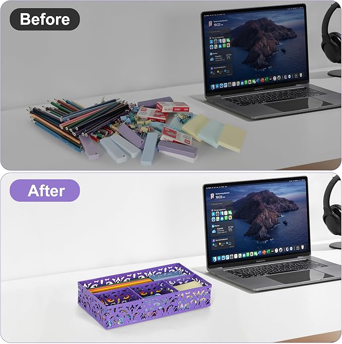 EasyPAG Desk Drawer Organizer with 4 Compartments, Carved Hollow Floral Metal Tray for Office, Jewelry, Cosmetics - No Assembly, Purple-NeatNest