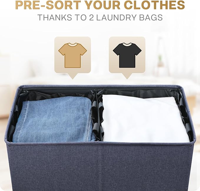 SOLEDI Large Double Laundry Hamper with Lid, Collapsible Clothes Hamper 2 section with Removable Bags, Space-Saving Laundry Basket for Bedroom, Dorm, College-NeatNest