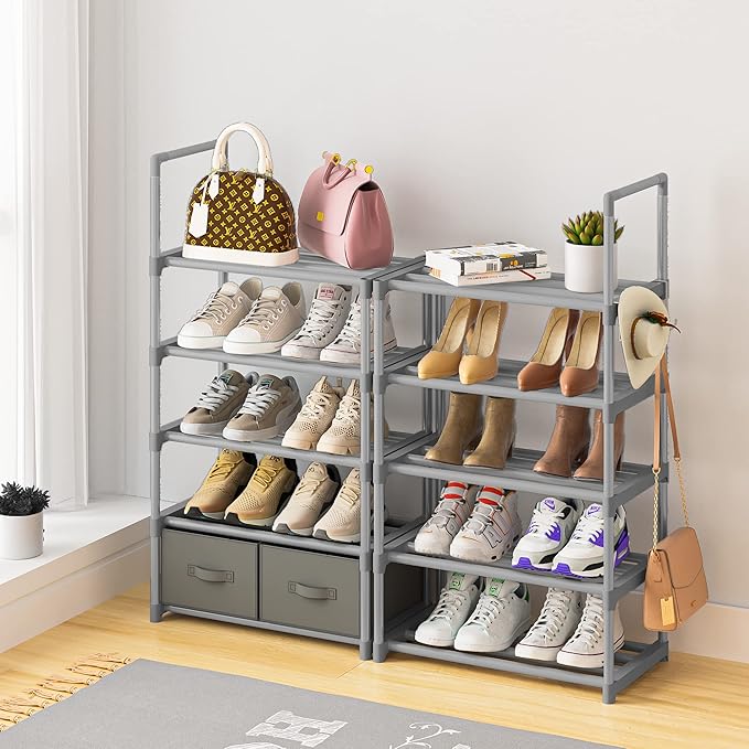 Shoe Rack, Sturdy Metal Shoes Rack Organizer,Narrow Shoe Rack,Shoe Racks for Closets,Shoes Rack,Shoe Stand,Shoe Shelf (10 Tier with 2 Boxes and 1 Hook)-NeatNest