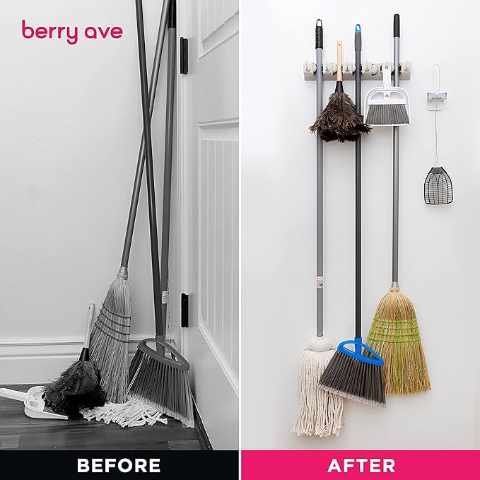 Broom Holder Wall Mount and Garden Tool Organizer, Closet Storage, Kitchen Rack, Home Organization and Garage Organizer for Rake or Mop Handles Up to 1.25-Inches, Hanger Plus 6 Hooks (BEIGE, 1 PACK)-NeatNest