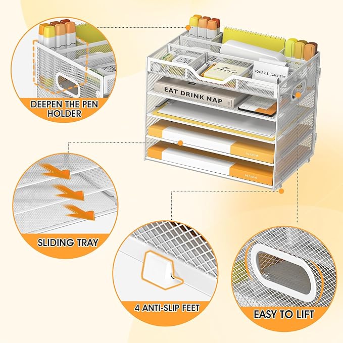 5 Tier Paper Letter Tray with 3 Drop-in Pen Holders, Mesh Desk File Organizer with Handle, Desk Organizers and Accessories for School,Home, Office Supplies Storage-White-NeatNest