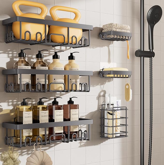 Veken Rustproof & Waterproof Shower Caddy 6-Pack, No Drilling Adhesive Shelves Rack with Soap Holder, Large Capacity Bathroom Organizers and Storage, Wall-Mounted Kitchen & Home Decor, Dark Grey-NeatNest